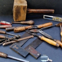 Group of Hand tools including chisels, mallet, squares etc - Sold for $25 - 2018