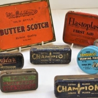 Group of tins including MacRobertsons Butterscotch, Malvern star cycle tube repair, champion spark plugs etc - Sold for $27 - 2018