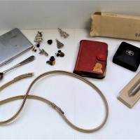 Tin & contents -  pair silver Marcasite earrings, Pacific Steam mustard spoon,  Parker pens, 50s chrome cigarette case, studs, cards etc - Sold for $25 - 2018