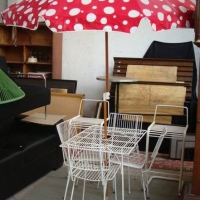 Vintage 1970s OUTDOOR Suite - Table, 4 x matching Chairs, pair stools & Fab Red & White Polka Dot UMBRELLA - Sold for $87 - 2018