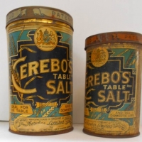 2 C1920s Cerebos Salt tins  - See how it runs - 1 12 lbs and 3 Lbs - Sold for $25 - 2018