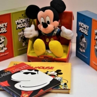 Group of Mickey Mouse books and toy including 3 sets of Mickey Mouse bound comic by Fatagraphic books in slipcases - Sold for $81 - 2018