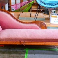 Victorian CEDAR Framed CHAISE Lounge - Dark Pink Upholstery, Carved Back section, needs some work - Sold for $31 - 2018