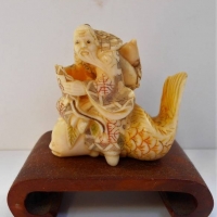 Vintage Japanese Ivory Okimono  Netsuke of a scholar seated on Koi AF - Sold for $93 - 2018