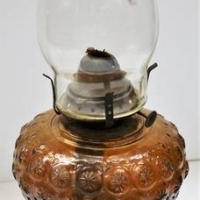 c1900 oil lamp with decorative metal base, textured amber glass font and clear chimney - Sold for $37 - 2018