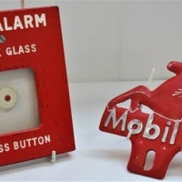 2 items - Fire alarm break glass and Reproduction Mobil oil badge - Sold for $43 - 2018