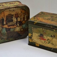 2 x Victorian biscuit tins incl, Biscuits Vieville Amiens Le Delicieux and another produced by Hudson Scott and Sons - both with lithographic images o - Sold for $56 - 2018
