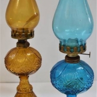 2 x Vintage oil  lamps - amber and blue glass - Sold for $25 - 2018