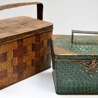 2 x early 1900s tins incl, Huntley and Palmers green reptile skin look box shaped with lid and a woven picnic basket shaped one - Sold for $50 - 2018