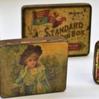 4 x Victorian and Art Nouveau  hair and standard pin tins incl, ones with images of pretty ladies, etc - Sold for $37 - 2018