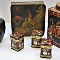 Group of oriental design tins including tin ginger jar, and Huntley and Palmers chickens - Sold for $37 - 2018