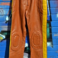 Pair - 1970s LEATHER Motorbike Pants - Brown w Yellow Racing STRIPE - no label sighted, all metal zips, etc - approx medium size - Sold for $50 - 2018