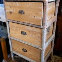 1930s three drawer pine blouse chest with cane and sea grass binding - Sold for $25 - 2018
