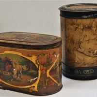 2 x C1910 Victory Gums tins Oval with horses and round with Tiger Hunting scene - Sold for $35 - 2018