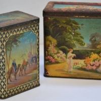 2 x Early 1990s tins incl, Far Eastern scene with camels and desert and other featuring lady in a garden setting - Sold for $25 - 2018