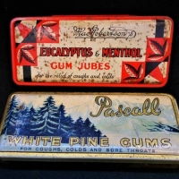 2 x Vintage LONZENGE Tins - MacRobertson's Eucalyptus & Menthol Gum Jubes + Pascall White Pine Gums - Sold for $75 - 2018