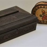 2 x c1910 Huntley and Palmers Biscuit tins - Indian elephant box and oval Art Nouveau floral - Sold for $31 - 2018