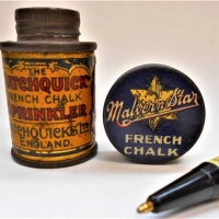 2 x small Vintage FRENCH CHALK Cycling TINS - MALVERN STAR & Patchquicks Sprinkler - Sold for $50 - 2018