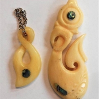 2 x vintage Carved NEW ZEALAND Bone Tribal Pendants - both w Mop detail - Sold for $25 - 2018