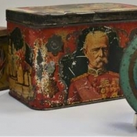 3 x 1920s British Empire tins including Cadbury lion with Britannia, Our Sailor King and Military figures - Sold for $50 - 2018