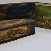 3 x Embossed tins C1900 including Swans, Meredith & Dew Cocoa beans and Art Nouveau pins - Sold for $25 - 2018