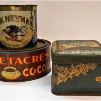 3 x Vintage Australian Tins - SWEETACRES Pure Cocoa 1Lb, T H NOTTS Assorted Toffees & P W HEYMAN Sultana's (no lid) - Sold for $87 - 2018