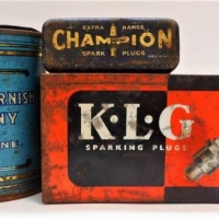 3 x Vintage Blokey Tins - Victorian Varnish Co Melbourne 1 Pint c18901900, KLG Sparkplugs, etc - Sold for $25 - 2018