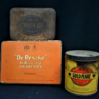 3 x Vintage TOBACCO Tins - Australian CHEER UP (poor cond), Wills GOLDFLAKE Round w Paper label + De Reszke - Sold for $25 - 2018