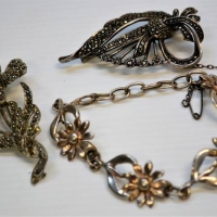 3 x pces Jewellery incl Silver Marcasite floral brooch and another plus floral bracelet - Sold for $25 - 2018