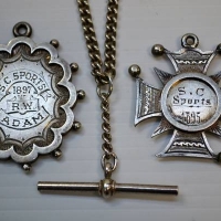 3 x silver items - 1895 & 1897 Sports medals & fine silver fob chain - Sold for $81 - 2018