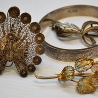 4 x silver items incl Bangle, 3 x silver brooches, incl Filigree peacock, floral etc - Sold for $31 - 2018