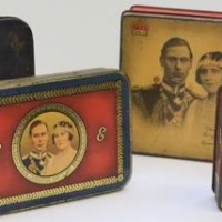 4 x vintage English Royalty tins incl, Queen Elizabeth Coronation 1953, Pascall's Butter Scotch with King George V, King George  V1 and Queen Elizabet - Sold for $27 - 2018