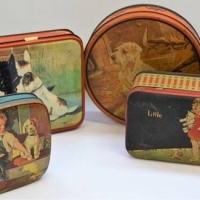 Group lot - vintage tins, mostly dog themed incl, terriers incl, RHughes of Melbourne ,Pascall's boy with his dog titled Lunch Time and a Little Bo Pe - Sold for $37 - 2018
