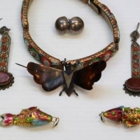 Group lot jewellery  incl Silver earrings, micro mosaic gilt bracelet, brooch, articulated fish charms etc - Sold for $205 - 2018