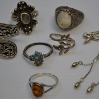 Group lot silver jewellery - 6 x rings and pair earrings - Sold for $25 - 2018