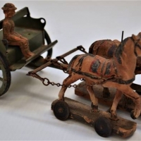 1930s Tin, Wood and Composition toy horse and carriage - Sold for $62 - 2018