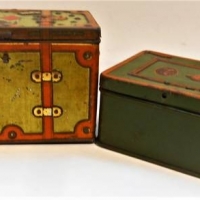 2 x c1920s Cash Box tins including Fry's leather bound luggage tin - Sold for $25 - 2018