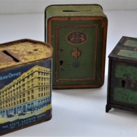 3 Money bank Safes including Cast iron and tin State bank of Victoria - Sold for $31 - 2018