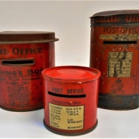 3 x 1930s tin Post Office  money boxes including Australian Willow tin - Sold for $35 - 2018