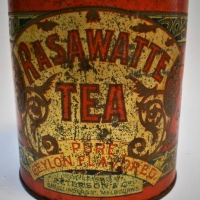 Early 1900s Peterson & Co of Melbourne 2lb Rasawatte Pure Ceylon Flavored tea tin  with text to front and an image of Elephants and Indian people to t - Sold for $37 - 2018