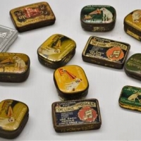 Group of Gramophone needle tins some with contents incl HMV, Columbia, Dog and baby etc - Sold for $87 - 2018