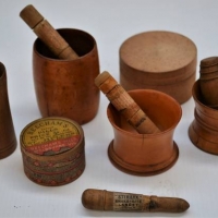 Group of Treen including pill cases, snake bite kits, measures etc - Sold for $35 - 2018