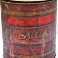 Large c1900 Sugar canister with gold lettering on red - Sold for $50 - 2018