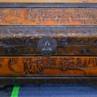 Vintage heavily carved Chinese camphor wood trunk - Sold for $37 - 2018