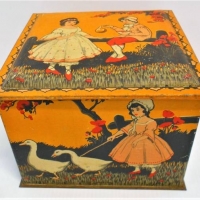 1930s - 40s William Arnott Limited Biscuit Tin Home bush NSW with image of a boy blowing bubbles with a lass to the lid  and girl with geese to sides  - Sold for $81 - 2018