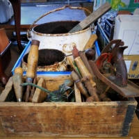 2 x boxes assorted hand tools and cast iron pots incl Falcon plane, etc - Sold for $35 - 2018
