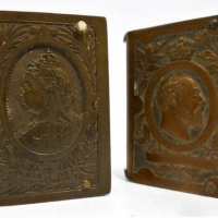 2 x early 1900s rectangular vulcanite Vesta Cases, hinged side flaps, top decorated with jubilee portrait of Queen Victoria, reverse marked R, encircl - Sold for $137 - 2018