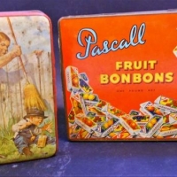 2 x vintage Australian confectionary tins inc, Pascall Claremont Tasmania one pound Bonbons and Sweetacres with image of small lad, dog and angry Mum  - Sold for $27 - 2018