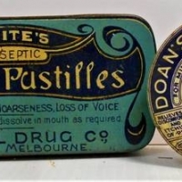 2 x vintage Australian made chemist tins incl Whites Throat Pastilles and Doans Ointment - Sold for $50 - 2018