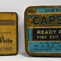 2 x vintage cigarette and tobacco tins incl pocket shaped Marcovitch - Black & White and WD & HO Wills - Capstan - Sold for $25 - 2018